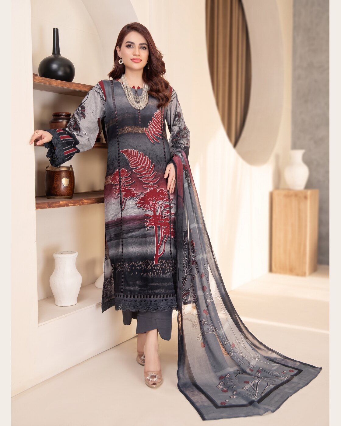 Unstitched lawn suit with a chiffon dupatta