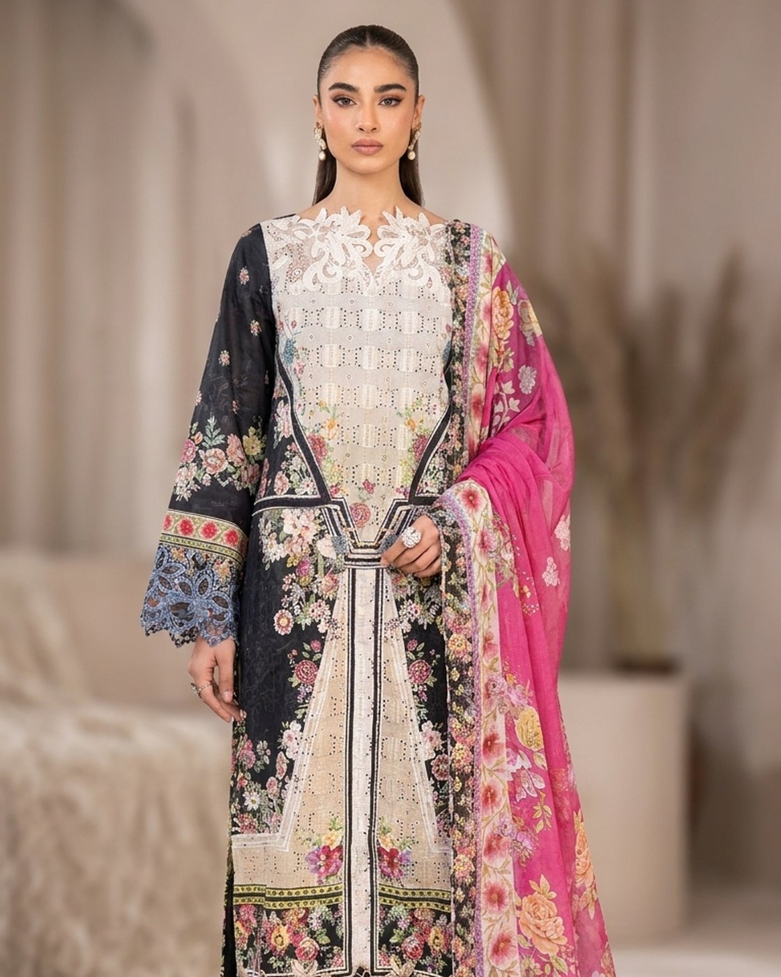 RajBari Schiffli Printkari 12 · 3 Piece Unstitched Lawn
